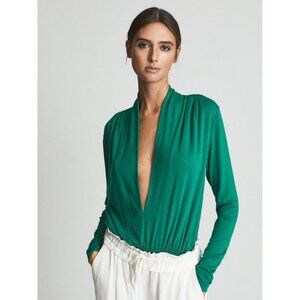 REISS Rosalba Long‎ Sleeved Bodysuit Plunge Neck Size XS Green MSRP $150
